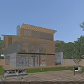 Modern Garden Landscape With Wooden Building Large Windows Outdoor Terrace And Greenery