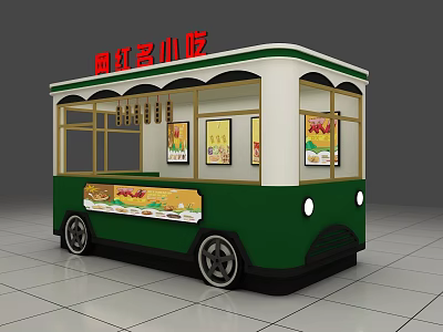 Green And White Street Food Cart With Red Signboard And Trendy Snacks Posters 3d model