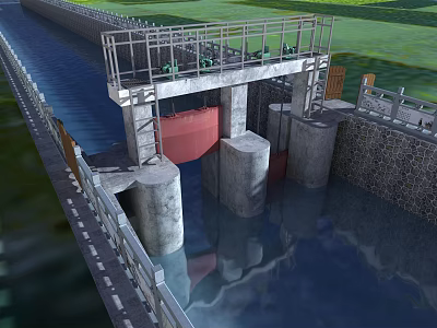 Water Gate Structure With Concrete Piers Red Gate And Green Grass Surroundings 3d model