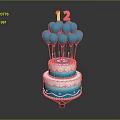 Two Layer Cake Topped With Blue Balloons And Number 12 Decoration