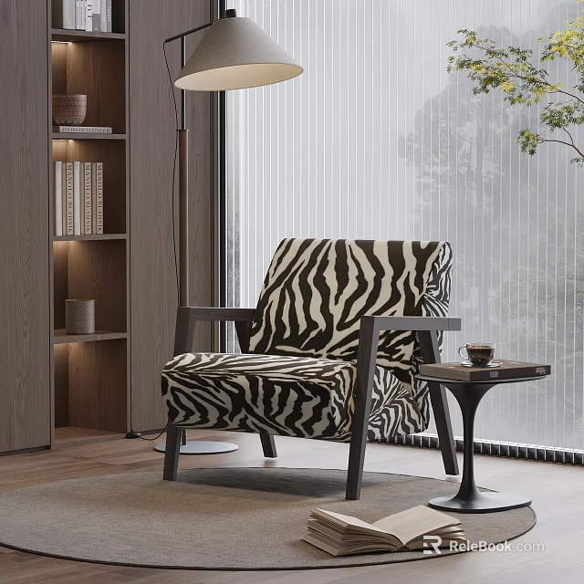 Zebra Print Leisure Chair In Modern Living Room With Side Table And Floor Lamp 3d model 