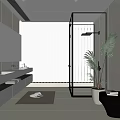 Modern Bathroom Interior With Large Mirror Double Sink Vanity Glass Shower And Potted Plant