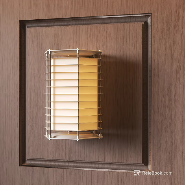 Modern Metal Frame Wall Sconce With Louvered Design And Soft Glow On Wooden Wall 3d model 