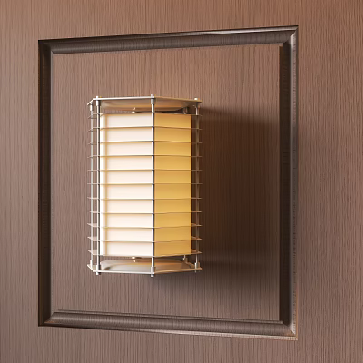 Modern Metal Frame Wall Sconce With Louvered Design And Soft Glow On Wooden Wall 3d model