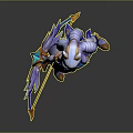 3D Female Character With Blue White Outfit Purple Hair Headpiece And Bow Weapon