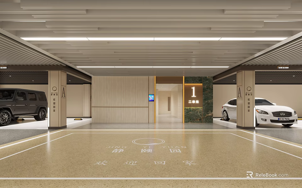 Luxury Modern Underground Parking Lot With Bright Even Lighting Clear Guidance Signs And Orderly Layout 3d model 