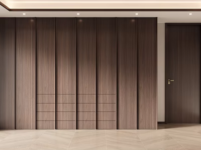 Minimalist Modern Dark Brown Wooden Wardrobe With Multiple Cabinets And Side Door 3d model