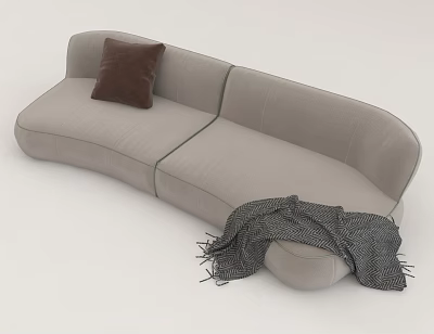 Light Gray Curved Sectional Sofa with Brown Pillow and Gray Throw Blanket 3d model