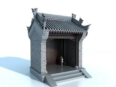 Traditional Chinese Entrance Gate With Gray Tiled Roof Carved Decorations And Steps 3d model