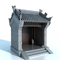 Traditional Chinese Entrance Gate With Gray Tiled Roof Carved Decorations And Steps