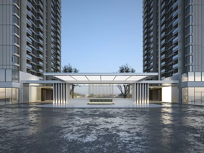 Modern Entrance Gate Between High Rise Buildings With Glass Canopy Open Space And Reflective Ground 3d model