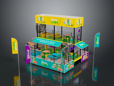 Two Story Exhibition Booth Structure With Yellow Green Design RENO Branding And Flags 3d model