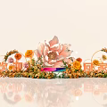 Floral Art Installation With Large Pink Orange Flowers Wreaths And Green Foliage