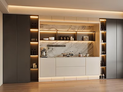 Modern Sideboard With LED Lighting Marble Backsplash Storage Cabinets Countertop Coffee Machine Decor 3d model