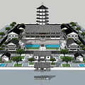 Traditional Ancient Chinese Architecture Complex with Pagoda Courtyard and Trees