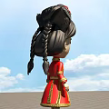 Cute Doll With Black Hair In Braids Red Outfit And Golden Decorations Against Blue Sky