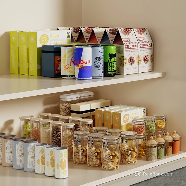 Organized Kitchen Shelf With Glass Spice Jars Holding Various Spices And Condiments 3d model 