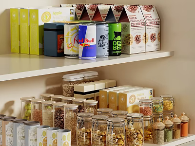 Organized Kitchen Shelf With Glass Spice Jars Holding Various Spices And Condiments 3d model