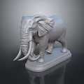 Detailed 3D Rendered Gray Elephant Sculpture Standing With Long Tusks On Base