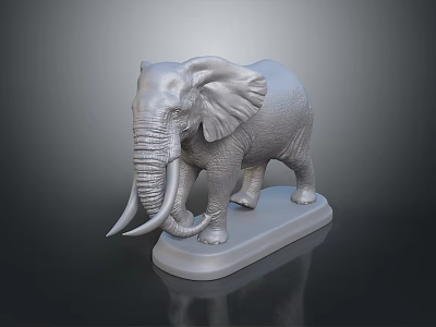 Detailed 3D Rendered Gray Elephant Sculpture Standing With Long Tusks On Base 3d model