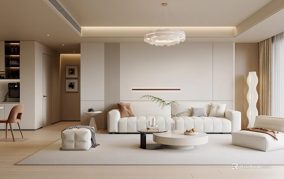 Modern Minimalist Living Room With White Sofa Round Coffee Table And Pendant Light 3d model 
