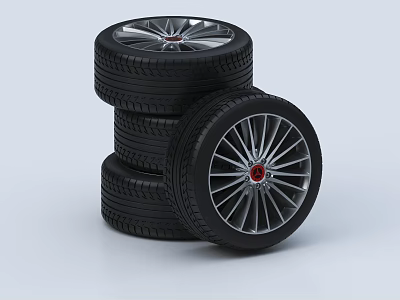 Stacked Black Car Tires with Silver Alloy Rims and Red Center Caps 3d model Stacked Black Car Tires with Silver Alloy Rims and Red Center Caps 3d model