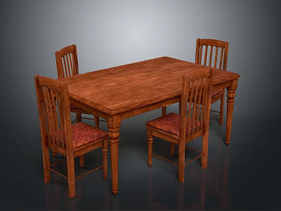 Wooden Dining Table With Four Chairs And Red Upholstered Seats Classic Design 3d model