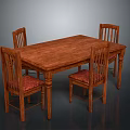 Wooden Dining Table With Four Chairs And Red Upholstered Seats Classic Design