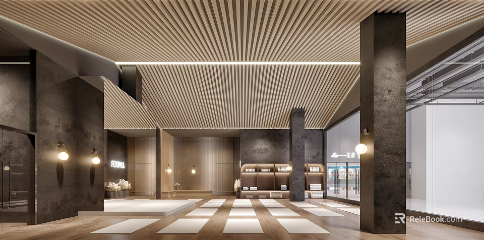 Modern Yoga Studio Interior With Wooden Ceiling And Yoga Mats 3d model 