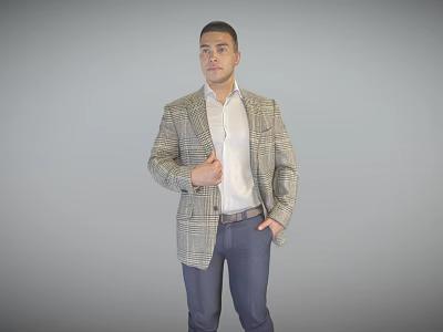 Stylish Man Wearing Plaid Blazer White Shirt And Blue Pants Standing Confidently 3d model