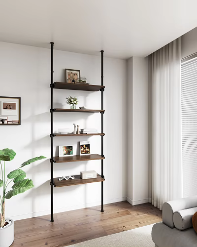 Wooden Metal Storage Shelf with Photo Frames Potted Plant and Decorative Items in Home Interior 3d model