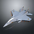 Shiny Gray Fighter Jet Model With Missiles And Wing Emblems On Gray Background 3d model