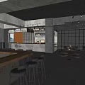 Modern Cafe Interior Design With Concrete Front Counter Shelves And Warm Lighting