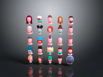 Collection of Multiple Cartoon Character Heads With Various Hairstyles And Hats 3d model
