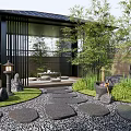 Tranquil Courtyard Garden With Black Pavilion Green Lawn Stone Stepping Path And Lanterns