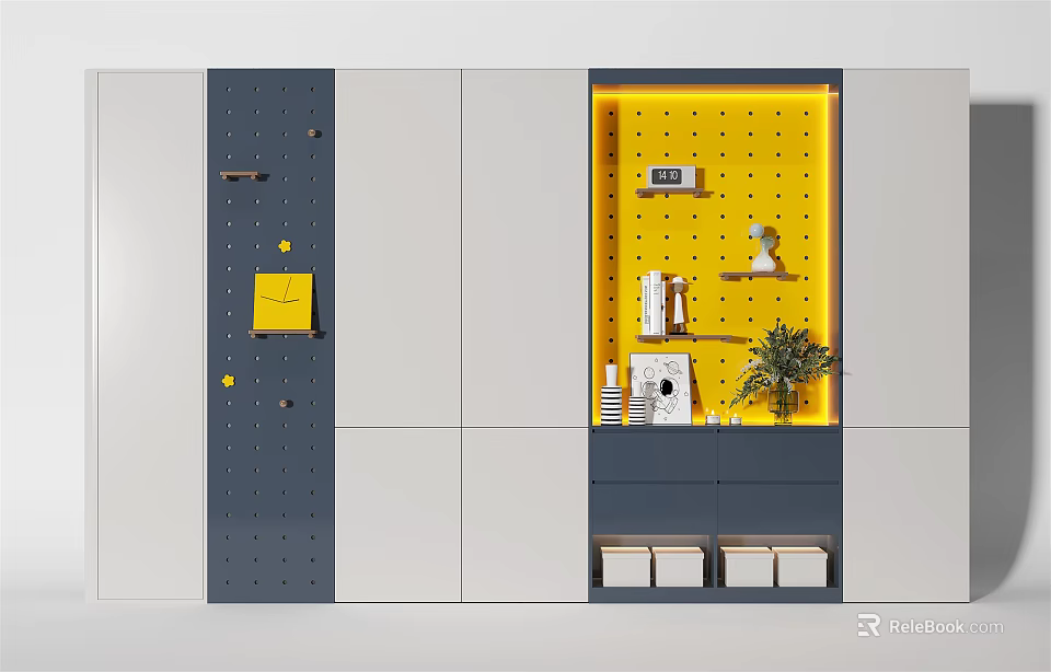 Modern Decorative Cabinet With Gray White And Yellow Perforated Board And Decorative Items Books Plants 3d model 