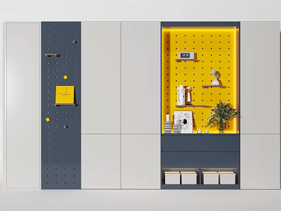 Modern Decorative Cabinet With Gray White And Yellow Perforated Board And Decorative Items Books Plants 3d model