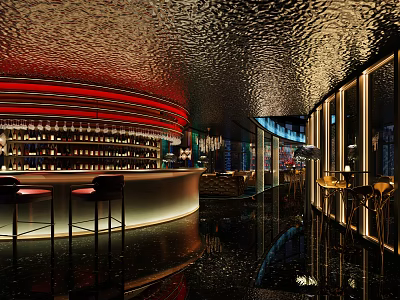 Modern Bar Interior With Curved Counter Red Lighting Wine Racks And High Stools 3d model