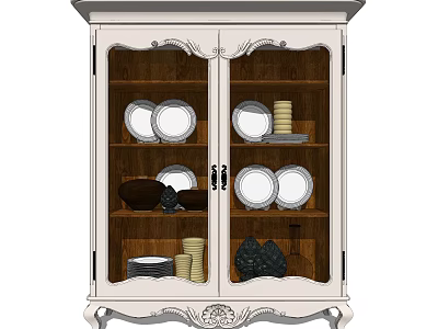 Elegant White Sideboard With Glass Doors Carved Details And Displayed Tableware 3d model