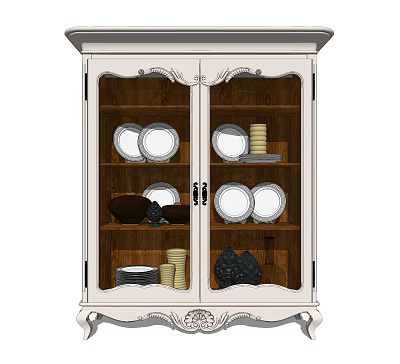 Elegant White Sideboard With Glass Doors Carved Details And Displayed Tableware 3d model