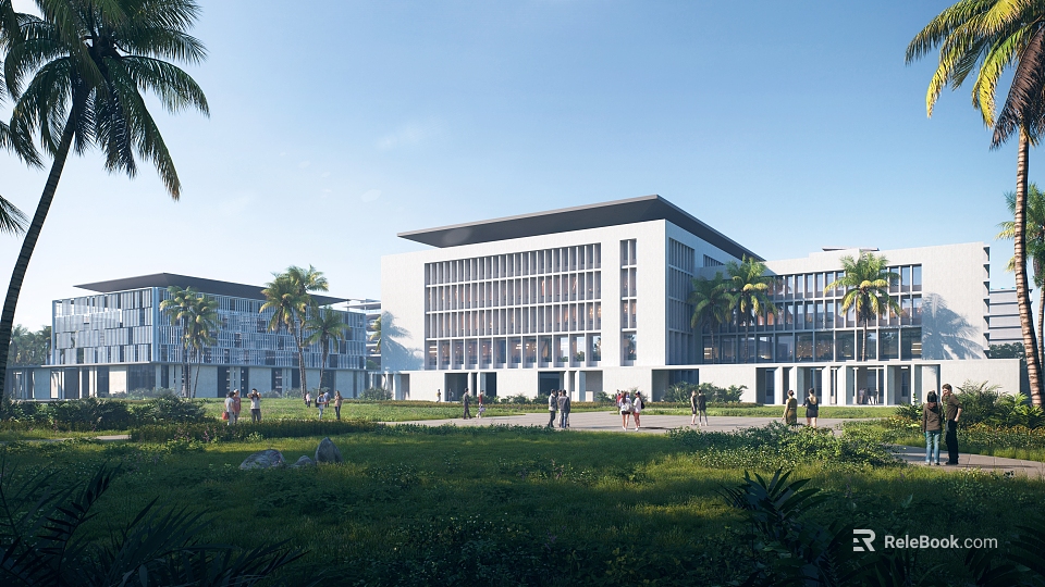 Modern School Buildings with Lush Green Campus and Palm Trees 3d model 