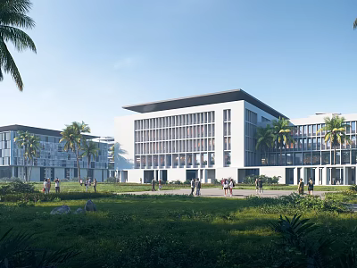 Modern School Buildings with Lush Green Campus and Palm Trees 3d model