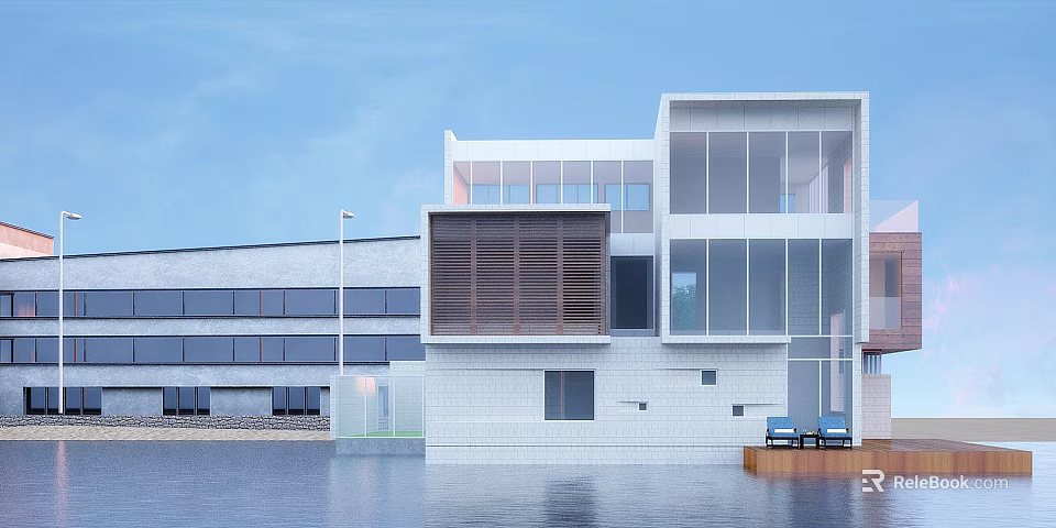 Stylish Modern Detached Villa Featuring Expansive Glass Windows And Waterfront Deck 3d model 