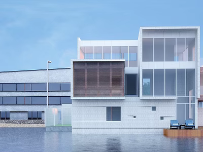 Stylish Modern Detached Villa Featuring Expansive Glass Windows And Waterfront Deck 3d model