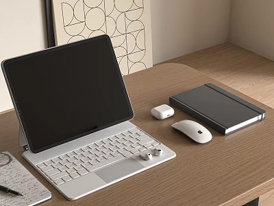 Tablet with Keyboard Mouse and Black Notebook Setup on Wooden Desk Workstation 3d model