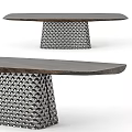 Modern Wooden Slab Top Dining Table With Woven Metal Geometric Base Design
