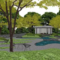 Traditional Garden Landscape With Pavilion Green Trees Lawn Stone Path And Water Feature