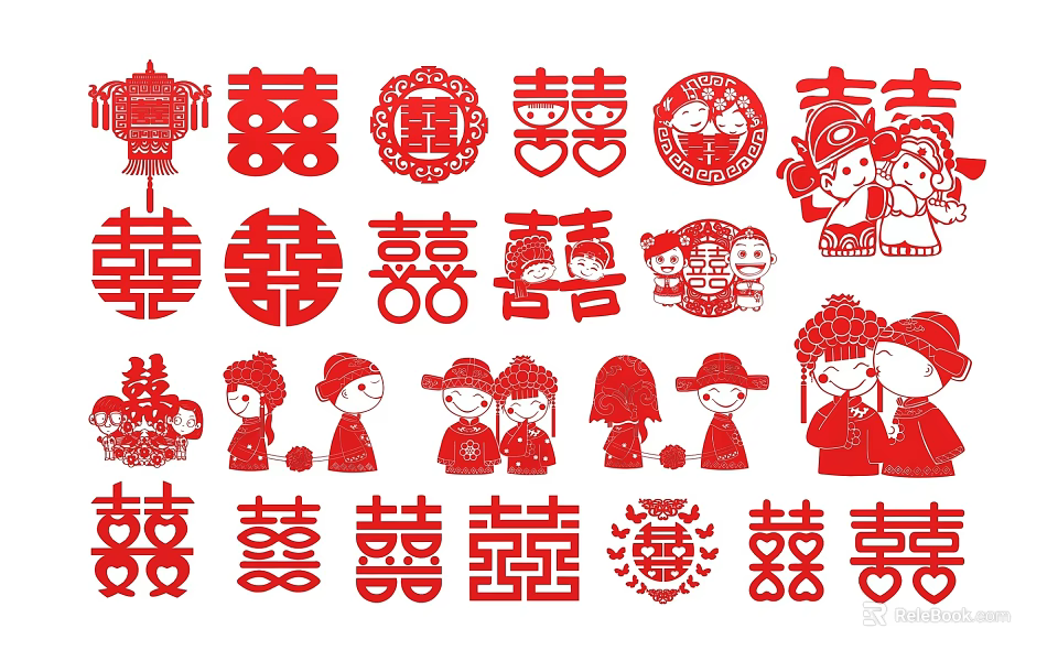 Chinese Wedding Red Paper Cut Wall Decor With Double Happiness Lanterns And Newlyweds 3d model 