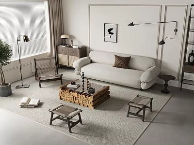 Contemporary Living Room With Light Gray Sofa Wooden Coffee Table Stools And Wall Art 3d model