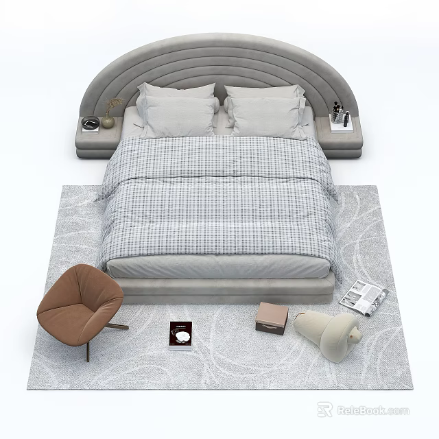 Gray Double Bed with Arched Headboard Plaid Bedding and Nightstands on Patterned Rug 3d model